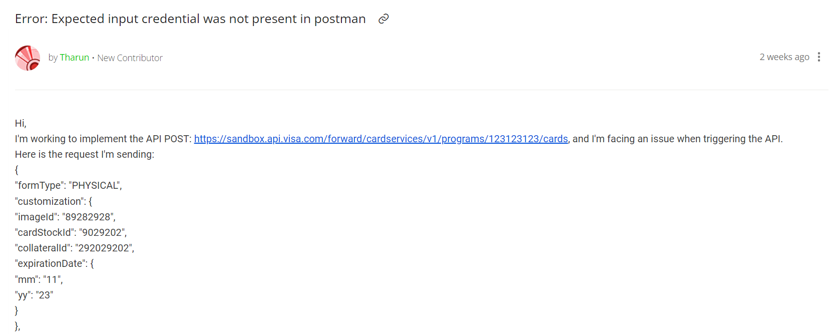 Expected Input Credential Was Not Present Error in Postman