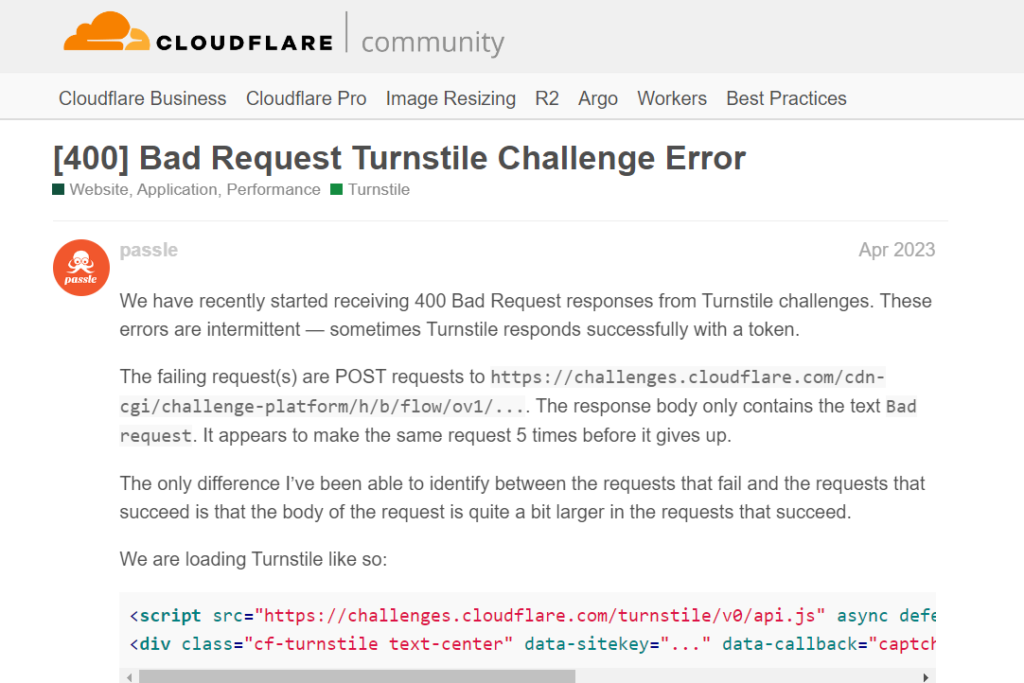 Intermittent 400 Bad Request Errors with Turnstile Challenges