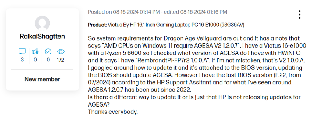 How to Update AGESA on Victus 16-e1000 for Dragon Age Veilguard